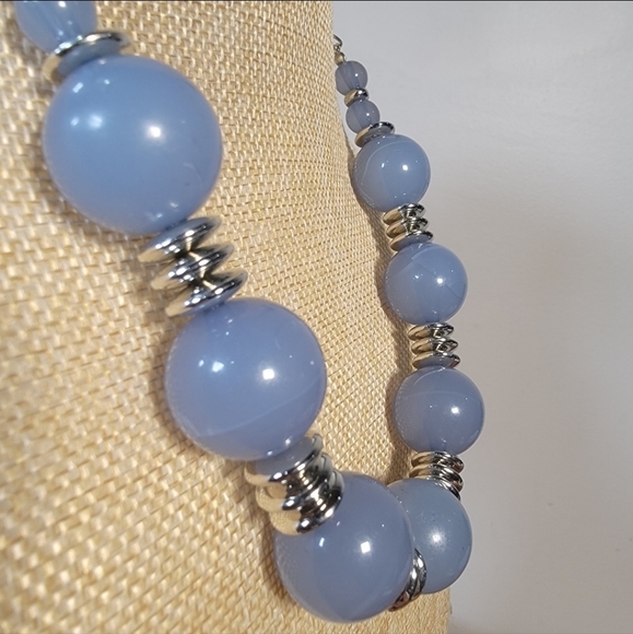 Blue Beaded Necklace With Silver Tone Accents Statement Jewelry - Picture 6 of 15